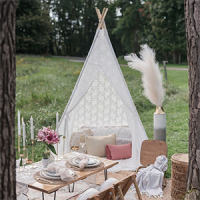 lace tent in a bohemian picnic setup in nature