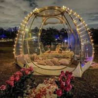 a transparent igloo tent set up for a wedding proposal picnic. A rose corridor leads to the tent